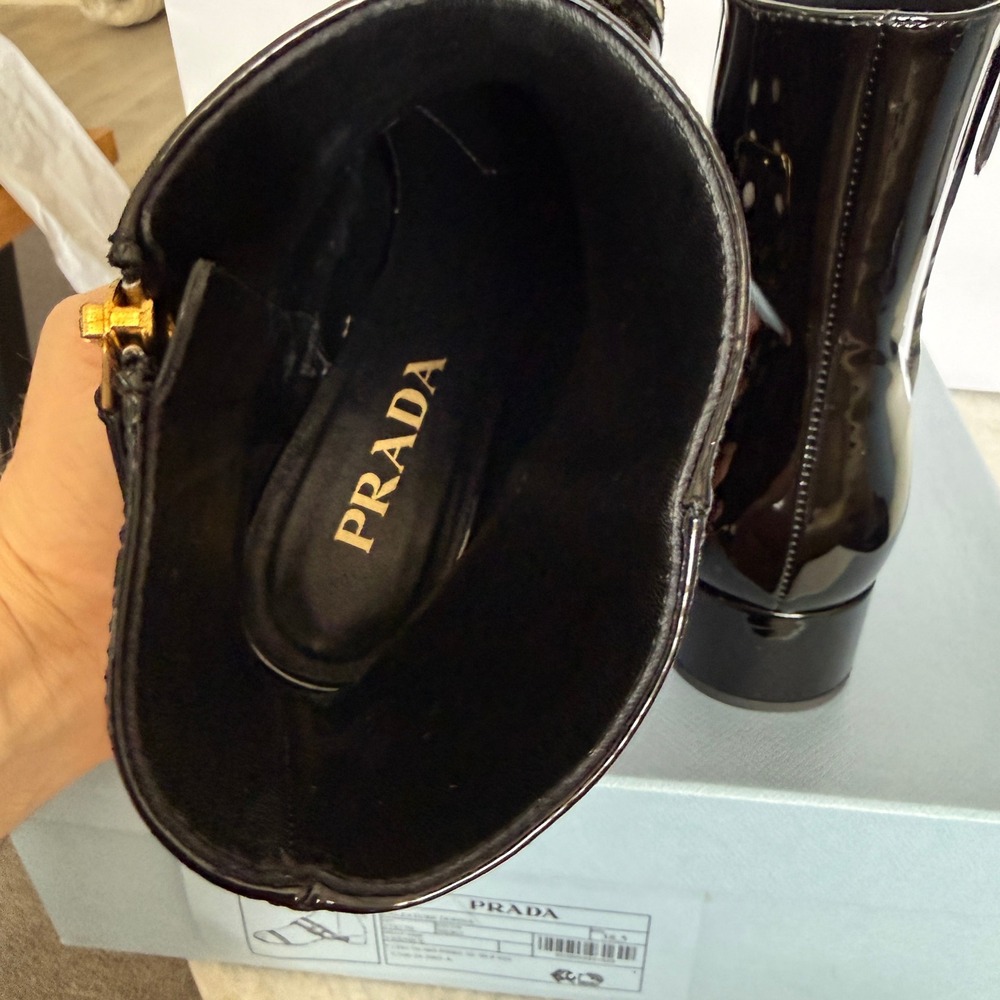 Prada 1T817N Women's Black Patent Leather Beaded Ankle Boot, sz 37.5 - Picture 15 of 16
